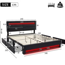 Okwish Lit Double 140x190 cm - Lit Capitonné PU avec Rangement et Ports USB - Éclairage LED Intégré - Noir - Sans Matelas* Lit Double