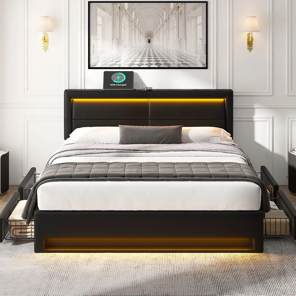 Okwish Lit Double 140x190 cm - Lit Capitonné PU avec Rangement et Ports USB - Éclairage LED Intégré - Noir - Sans Matelas* Lit Double