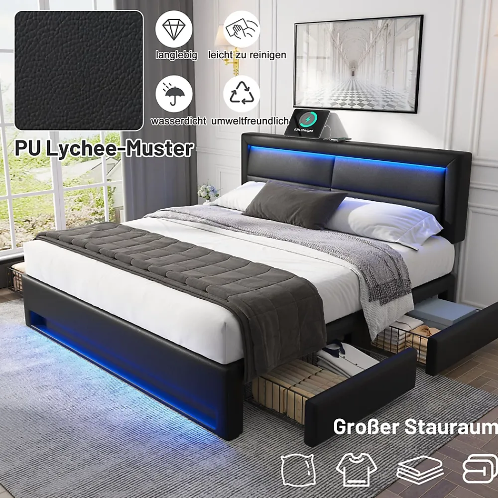 Okwish Lit Double 140x190 cm - Lit Capitonné PU avec Rangement et Ports USB - Éclairage LED Intégré - Noir - Sans Matelas* Lit Double