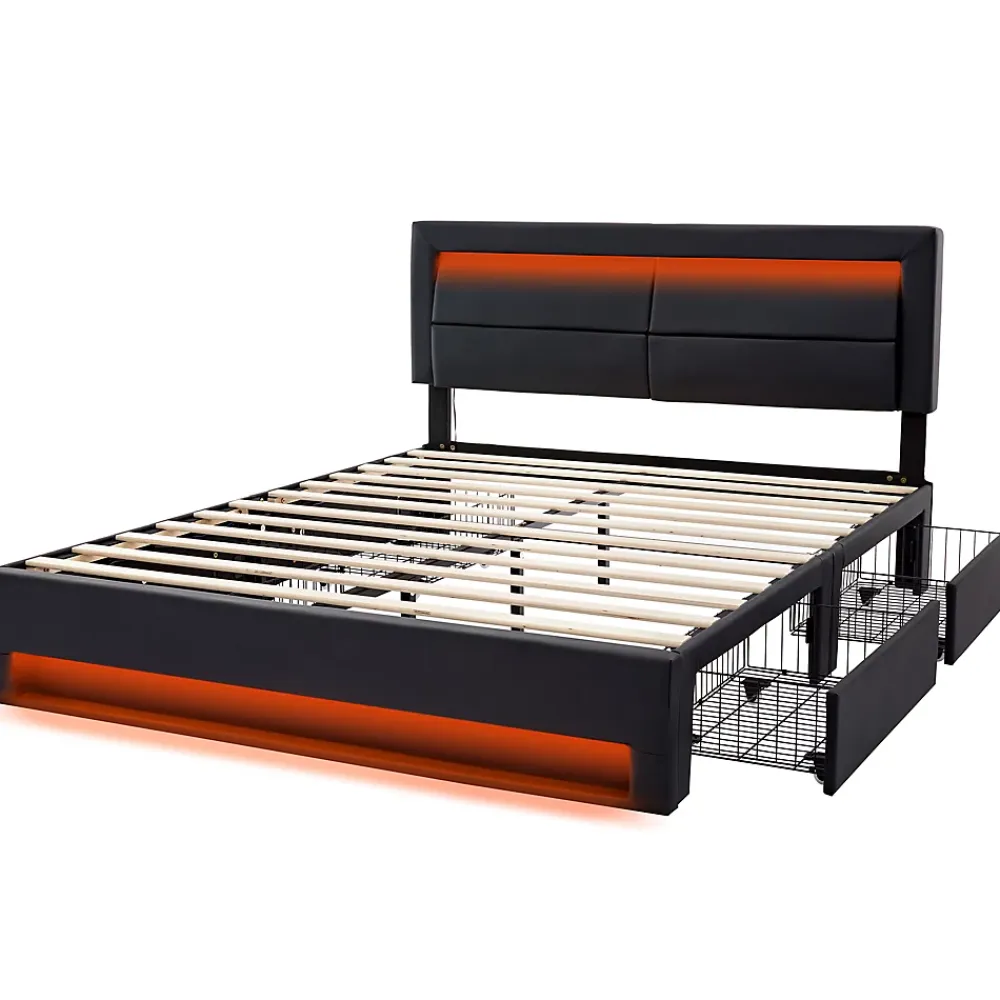 Okwish Lit Double 140x190 cm - Lit Capitonné PU avec Rangement et Ports USB - Éclairage LED Intégré - Noir - Sans Matelas* Lit Double