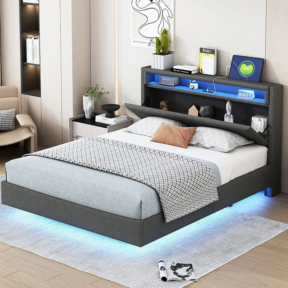 Lit Double 140x200 cm - Lit capitonné Adulte pour Ado avec LED Intégrée et Port USB, Tête de Lit Réversible Lin Gris>Okwish Sale