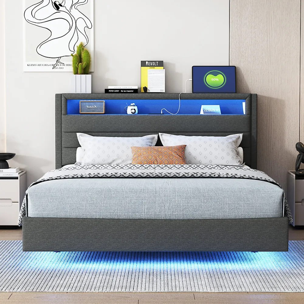 Lit Double 140x200 cm - Lit capitonné Adulte pour Ado avec LED Intégrée et Port USB, Tête de Lit Réversible Lin Gris>Okwish Sale