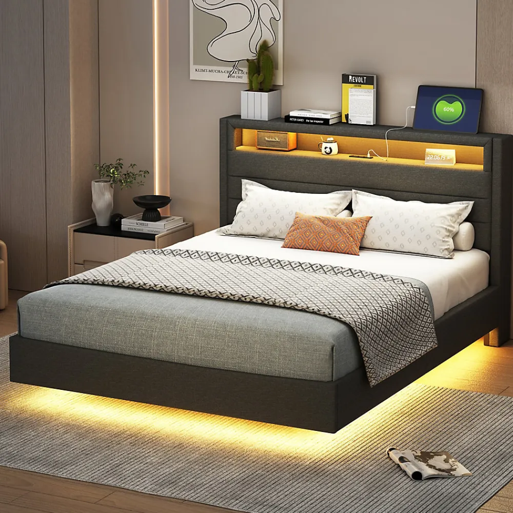 Lit Double 140x200 cm - Lit capitonné Adulte pour Ado avec LED Intégrée et Port USB, Tête de Lit Réversible Lin Gris>Okwish Sale