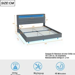 Lit Double 140x200 cm - Lit capitonné Adulte pour Ado avec LED Intégrée et Port USB, Tête de Lit Réversible Lin Gris><noscript><img width=