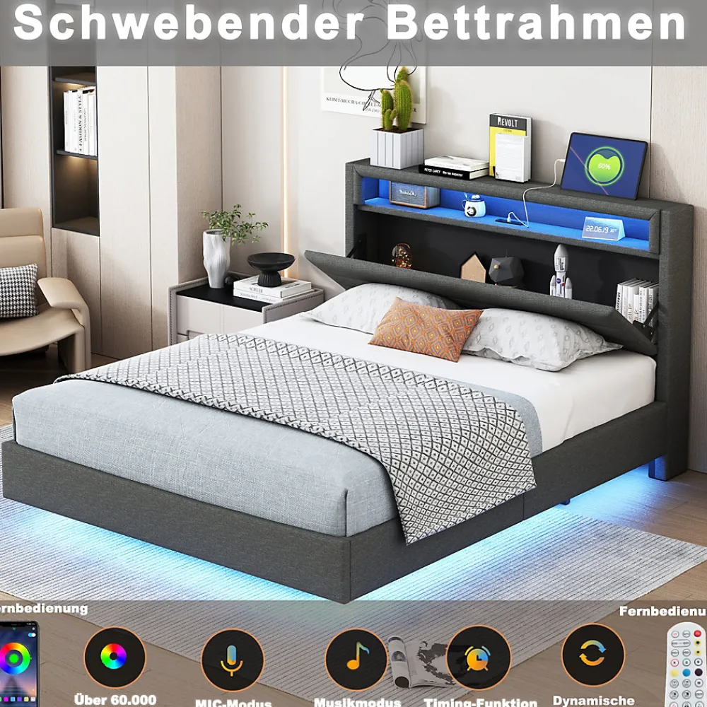 Lit Double 140x200 cm - Lit capitonné Adulte pour Ado avec LED Intégrée et Port USB, Tête de Lit Réversible Lin Gris>Okwish Sale