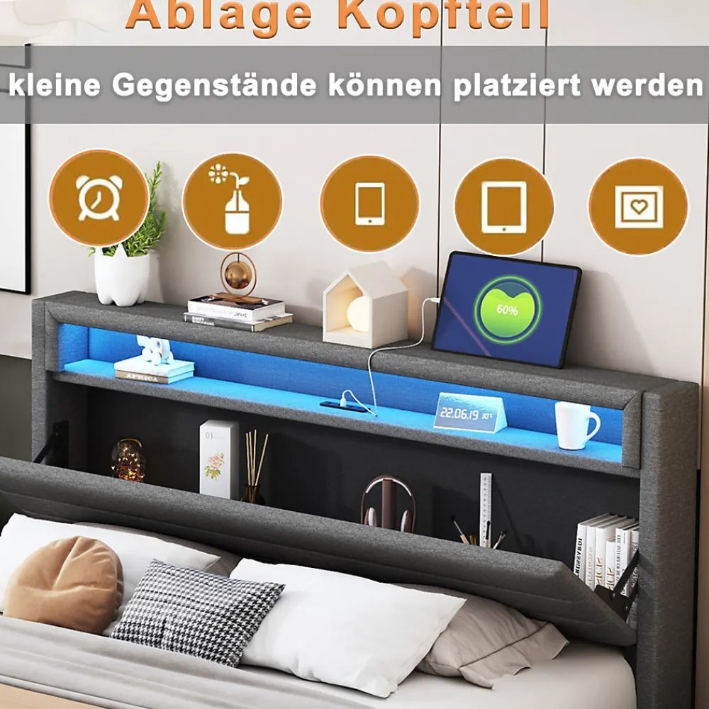 Lit Double 140x200 cm - Lit capitonné Adulte pour Ado avec LED Intégrée et Port USB, Tête de Lit Réversible Lin Gris>Okwish Sale