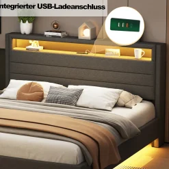 Lit Double 140x200 cm - Lit capitonné Adulte pour Ado avec LED Intégrée et Port USB, Tête de Lit Réversible Lin Gris><noscript><img width=