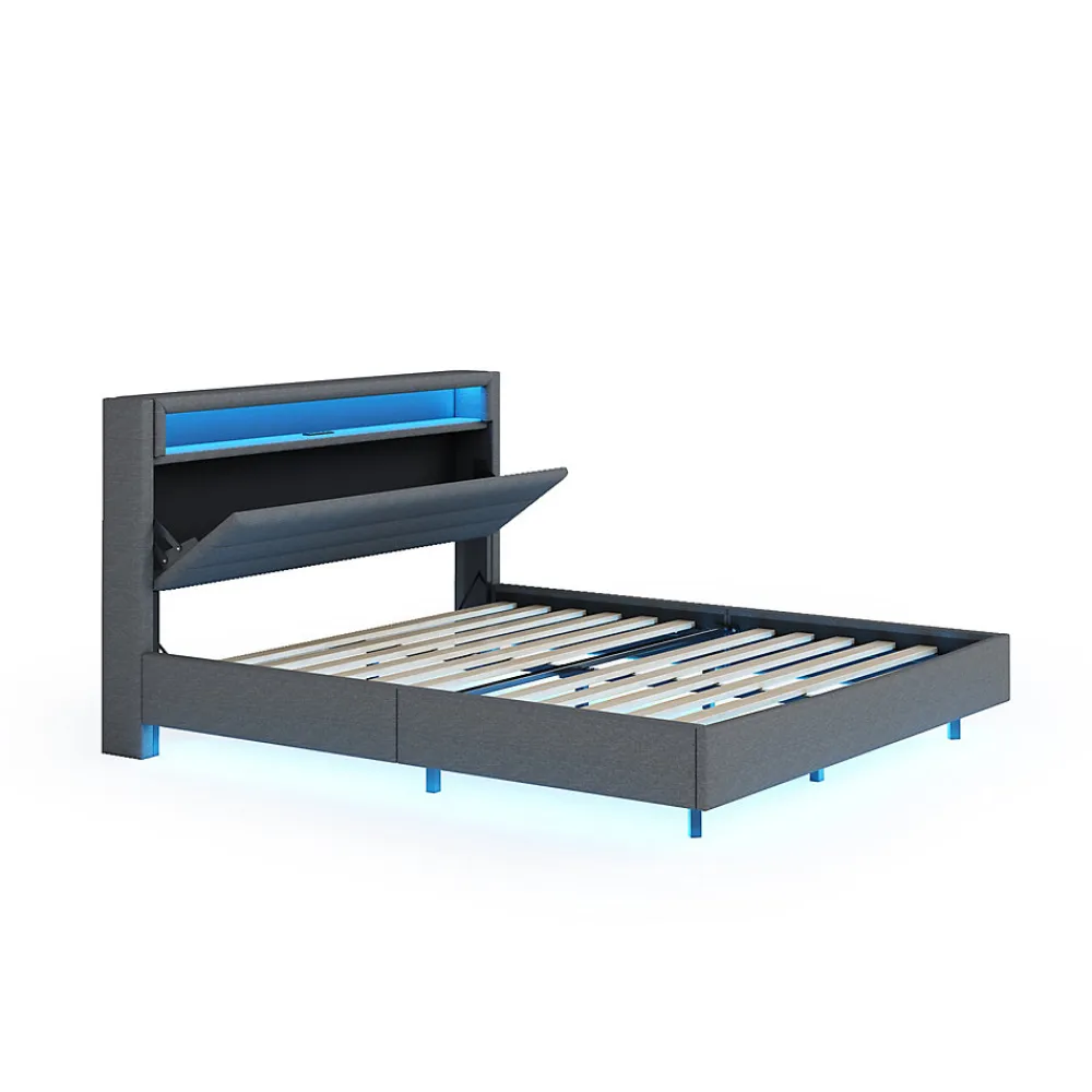 Lit Double 140x200 cm - Lit capitonné Adulte pour Ado avec LED Intégrée et Port USB, Tête de Lit Réversible Lin Gris>Okwish Sale