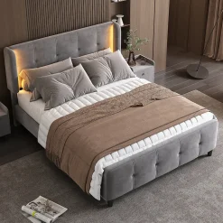 Lit Double 140x200 cm - Lit Capitonné avec Bandes LED 16 s - Sans Matelas - Velours Gris>Okwish Sale