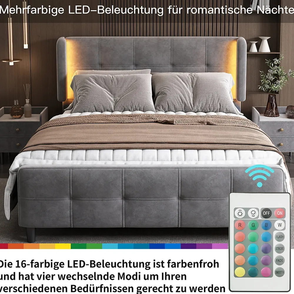 Lit Double 140x200 cm - Lit Capitonné avec Bandes LED 16 s - Sans Matelas - Velours Gris>Okwish Sale