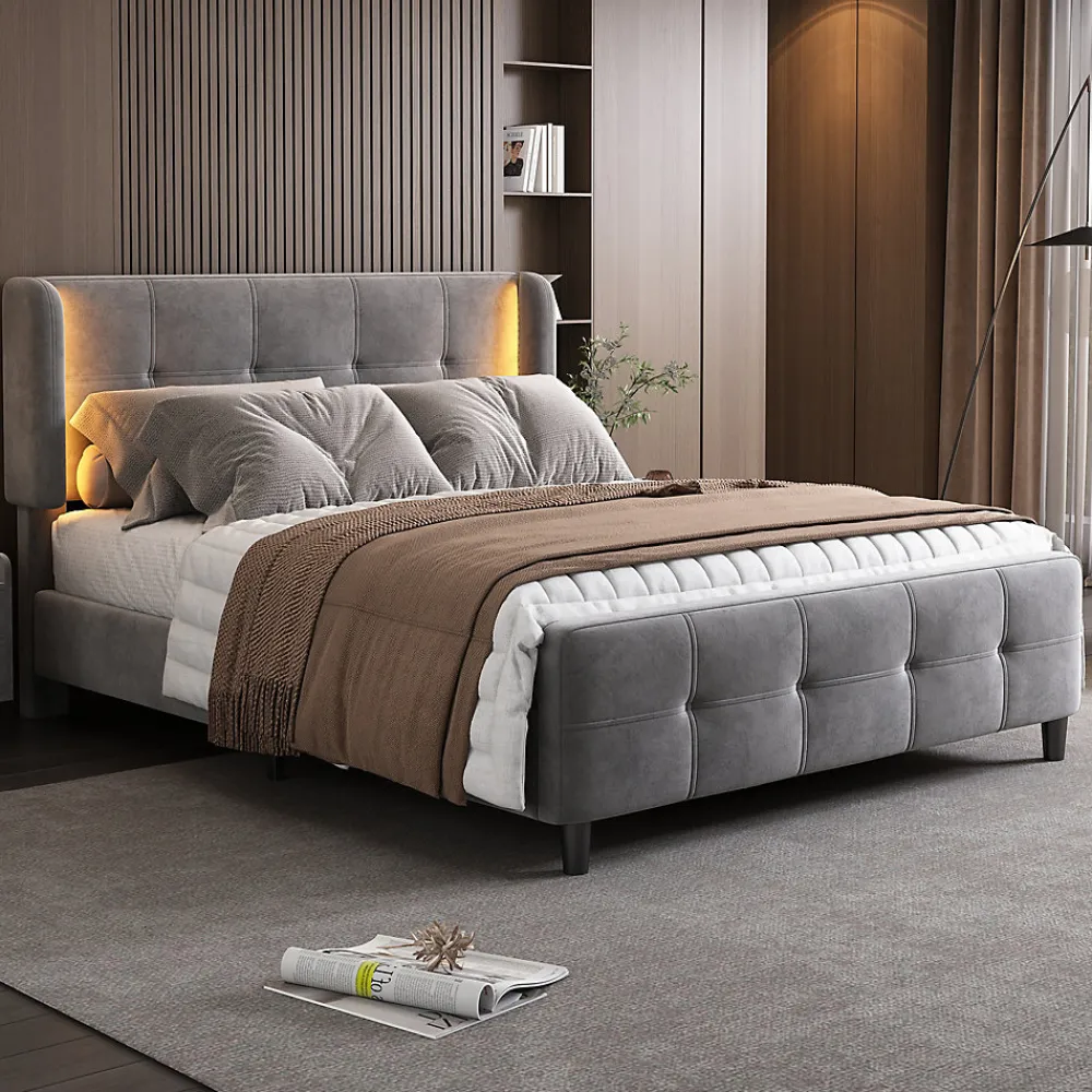 Lit Double 140x200 cm - Lit Capitonné avec Bandes LED 16 s - Sans Matelas - Velours Gris>Okwish Sale