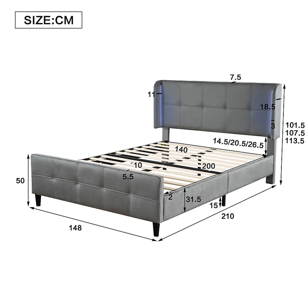 Lit Double 140x200 cm - Lit Capitonné avec Bandes LED 16 s - Sans Matelas - Velours Gris>Okwish Sale