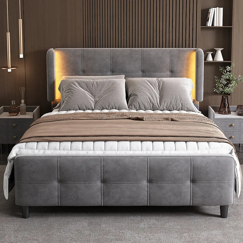 Lit Double 140x200 cm - Lit Capitonné avec Bandes LED 16 s - Sans Matelas - Velours Gris>Okwish Sale