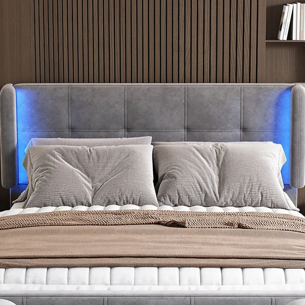Lit Double 140x200 cm - Lit Capitonné avec Bandes LED 16 s - Sans Matelas - Velours Gris>Okwish Sale