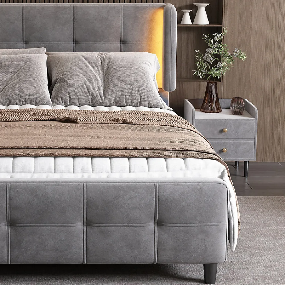 Lit Double 140x200 cm - Lit Capitonné avec Bandes LED 16 s - Sans Matelas - Velours Gris>Okwish Sale