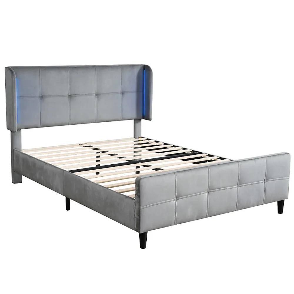 Lit Double 140x200 cm - Lit Capitonné avec Bandes LED 16 s - Sans Matelas - Velours Gris>Okwish Sale
