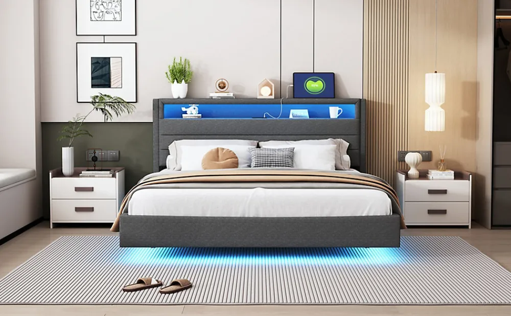 Lit Double 160x200 cm - Lit capitonné Adulte pour Ado avec LED Intégrée et Port USB, Tête de Lit Réversible Lin Gris>Okwish Clearance