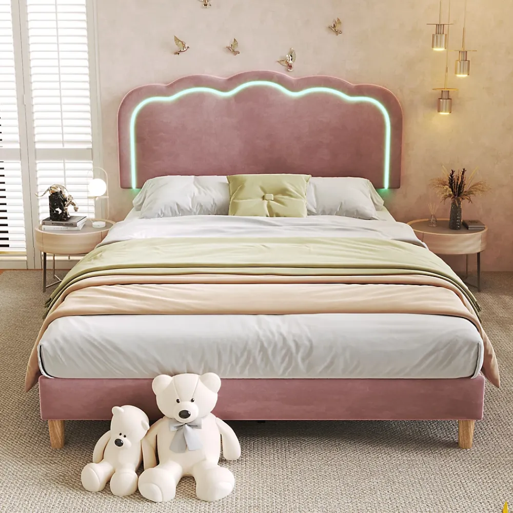 Okwish Lit double 140x200 cm - Lit capitonné avec tête de lit LED réglable - Sans Matelas - Velours - Rose* Lit Double