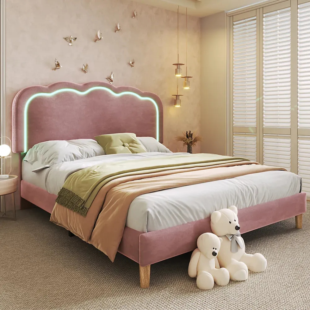 Okwish Lit double 140x200 cm - Lit capitonné avec tête de lit LED réglable - Sans Matelas - Velours - Rose* Lit Double