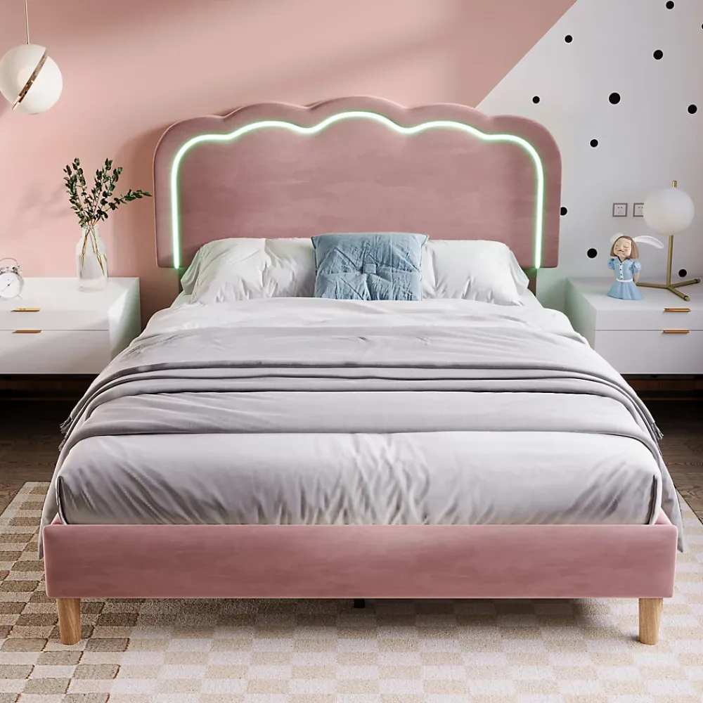 Okwish Lit double 140x200 cm - Lit capitonné avec tête de lit LED réglable - Sans Matelas - Velours - Rose* Lit Double