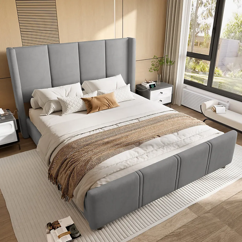 Lit double 140x190 cm - Lit capitonné moderne avec tête et pied de lit hauts, port USB intégré - Sans matelas - Gris foncé>Okwish Best