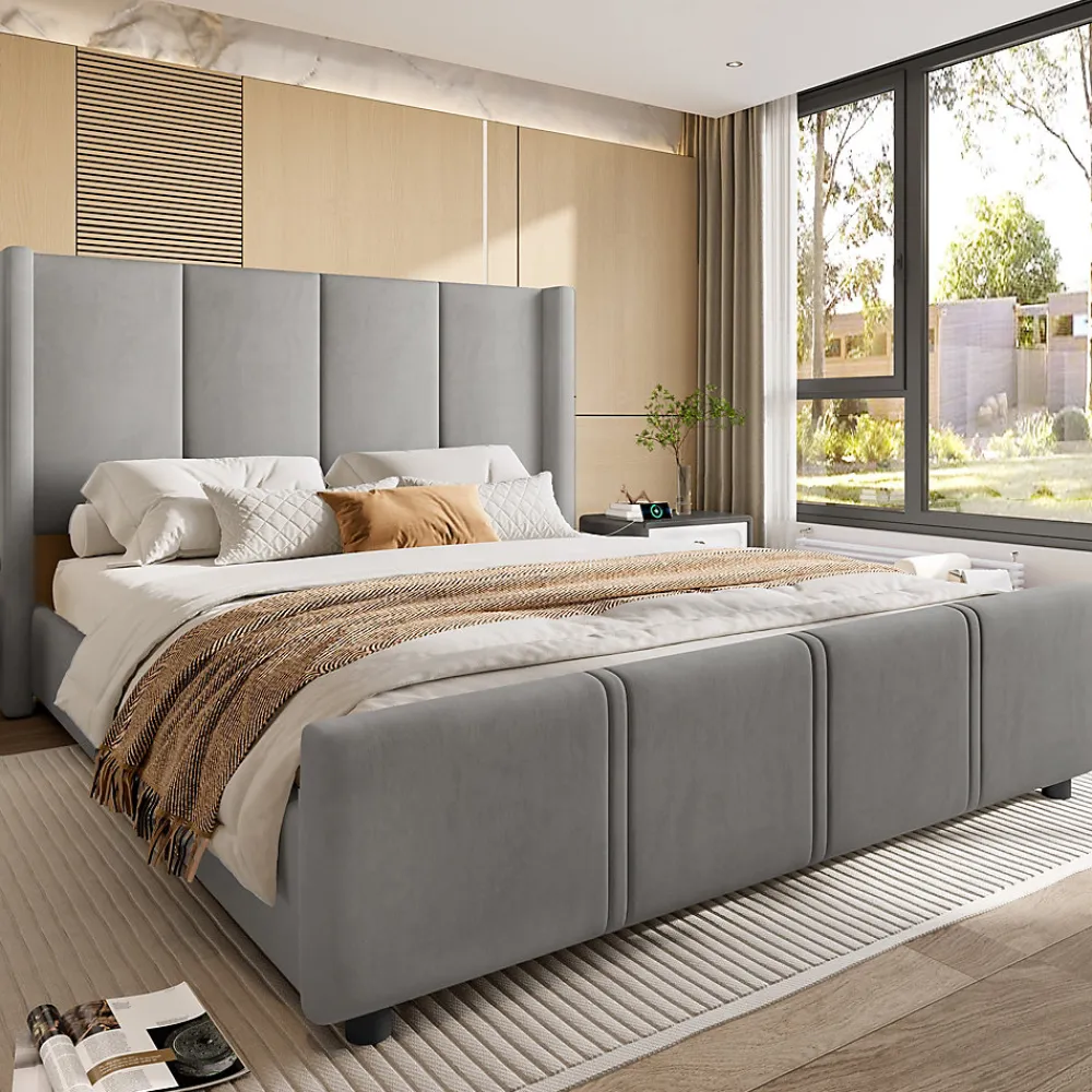 Lit double 140x190 cm - Lit capitonné moderne avec tête et pied de lit hauts, port USB intégré - Sans matelas - Gris foncé>Okwish Best