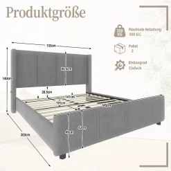 Lit double 140x190 cm - Lit capitonné moderne avec tête et pied de lit hauts, port USB intégré - Sans matelas - Gris foncé><noscript><img width=