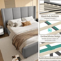Lit double 140x190 cm - Lit capitonné moderne avec tête et pied de lit hauts, port USB intégré - Sans matelas - Gris foncé><noscript><img width=