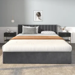 Lit Double 180x200 cm - Lit Capitonné en Velours Gris avec 2 Tiroirs de Rangement, Sommier à Lattes Inclus, Style Moderne><noscript><img width=