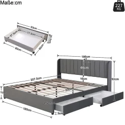 Lit Double 180x200 cm - Lit Capitonné en Velours Gris avec 2 Tiroirs de Rangement, Sommier à Lattes Inclus, Style Moderne><noscript><img width=