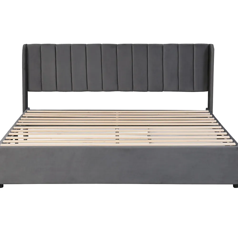 Lit Double 180x200 cm - Lit Capitonné en Velours Gris avec 2 Tiroirs de Rangement, Sommier à Lattes Inclus, Style Moderne>Okwish Hot