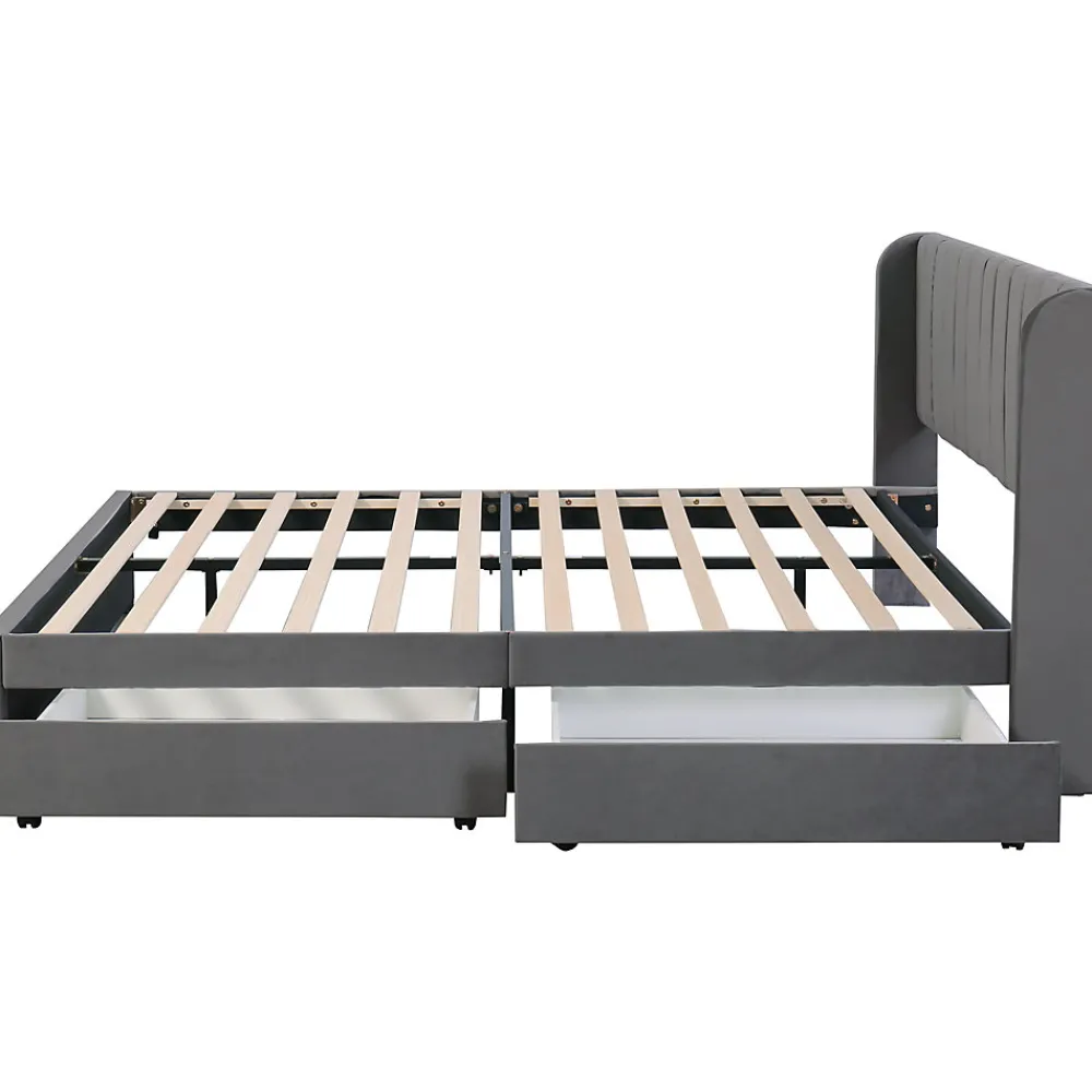 Lit Double 180x200 cm - Lit Capitonné en Velours Gris avec 2 Tiroirs de Rangement, Sommier à Lattes Inclus, Style Moderne>Okwish Hot