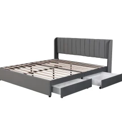 Lit Double 180x200 cm - Lit Capitonné en Velours Gris avec 2 Tiroirs de Rangement, Sommier à Lattes Inclus, Style Moderne><noscript><img width=