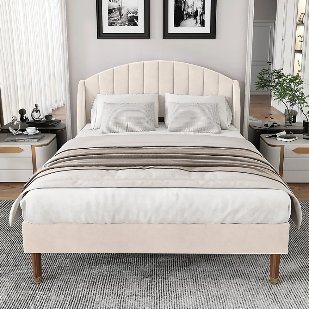 Lit Double 140x190 cm - Lit Capitonné ado - Velours - Élégance Moderne - Sans Matelas - Beige>Okwish Discount