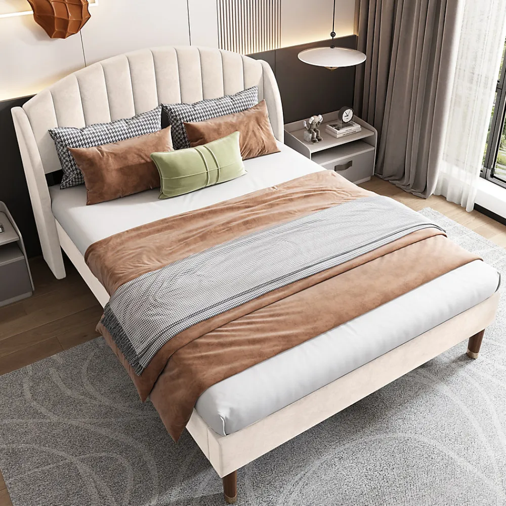 Lit Double 140x190 cm - Lit Capitonné ado - Velours - Élégance Moderne - Sans Matelas - Beige>Okwish Discount