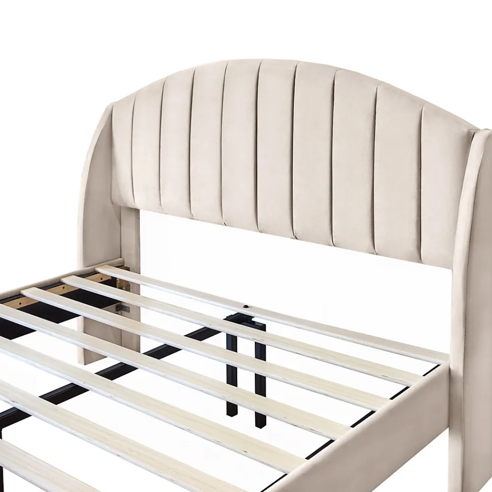 Lit Double 140x190 cm - Lit Capitonné ado - Velours - Élégance Moderne - Sans Matelas - Beige>Okwish Discount