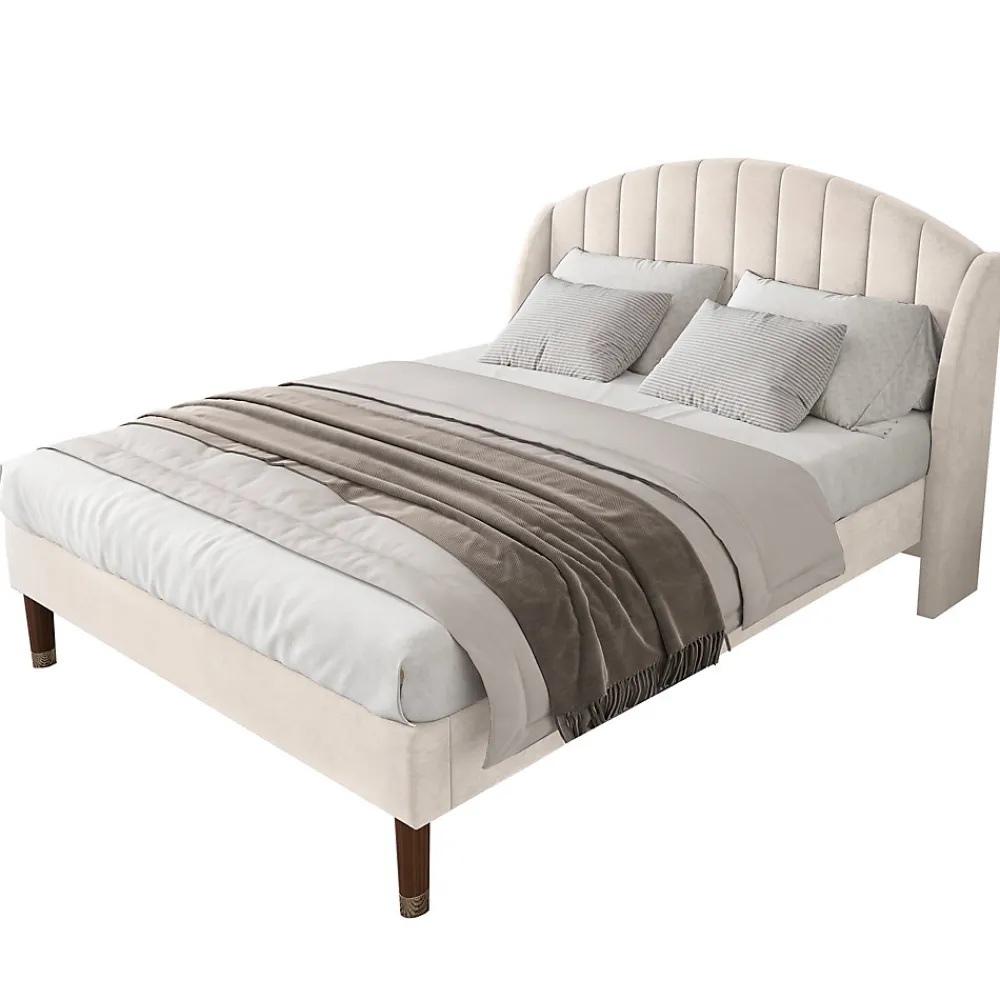 Lit Double 140x190 cm - Lit Capitonné ado - Velours - Élégance Moderne - Sans Matelas - Beige>Okwish Discount