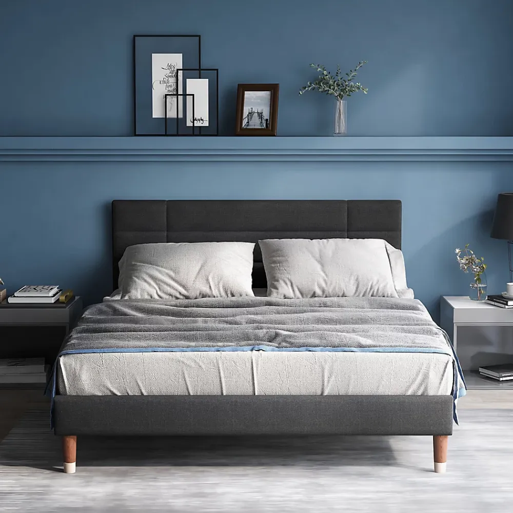 Okwish Lit double 140x200 cm - Lit capitonné avec sommier à lattes - Lin - avec Matelas - Gris* Ensemble Sommier Et Matelas