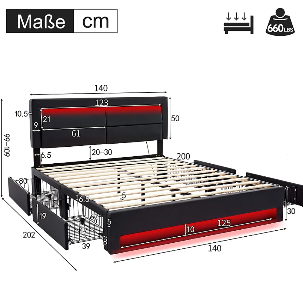 Okwish Lit Double 140x200 cm - Lit Capitonné PU avec Rangement et Ports USB - Éclairage LED Télécommandé - Noir - Sans Matelas* Lit Double
