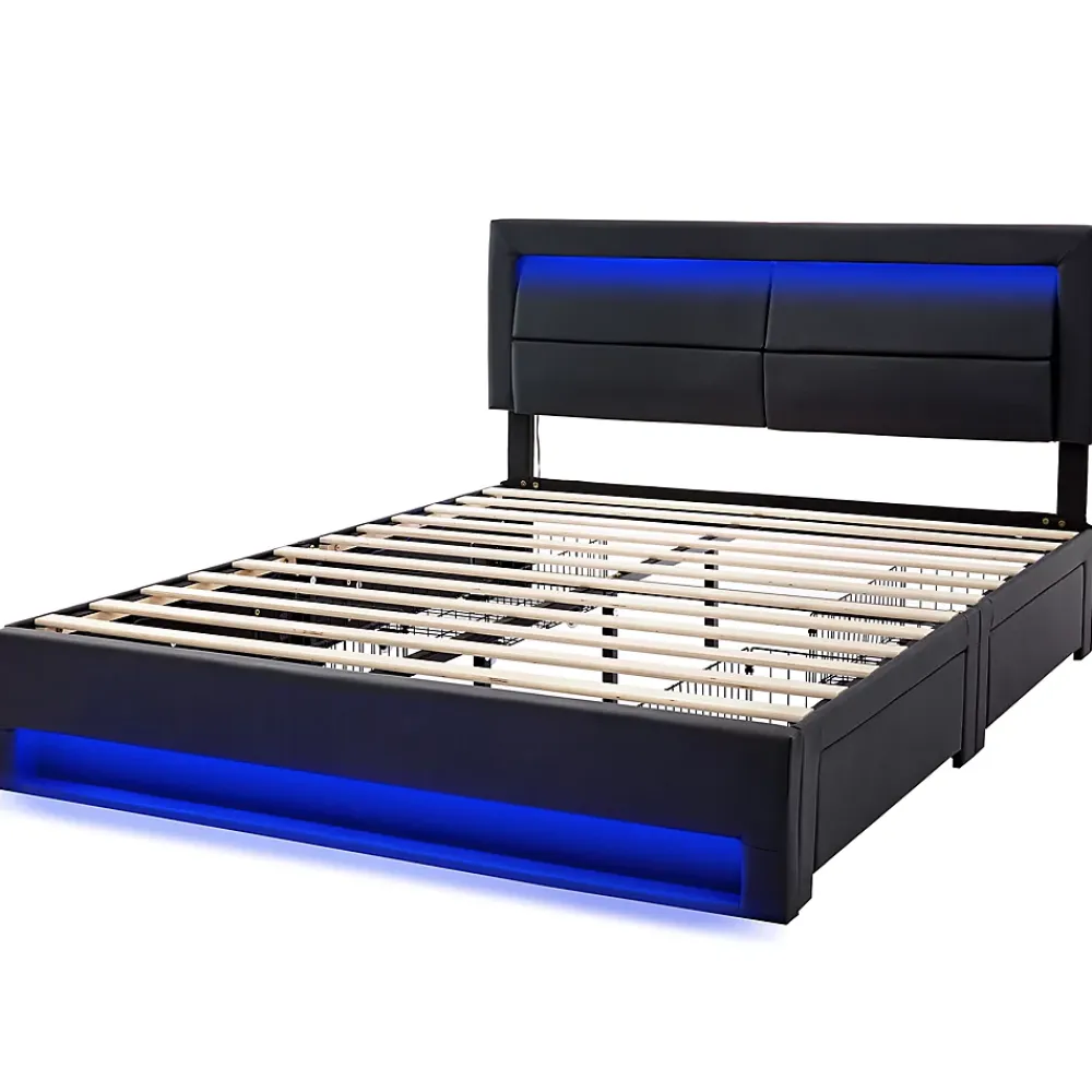 Okwish Lit Double 140x200 cm - Lit Capitonné PU avec Rangement et Ports USB - Éclairage LED Télécommandé - Noir - Sans Matelas* Lit Double