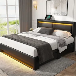 Okwish Lit Double 140x200 cm - Lit Capitonné PU avec Rangement et Ports USB - Éclairage LED Télécommandé - Noir - Sans Matelas* Lit Double