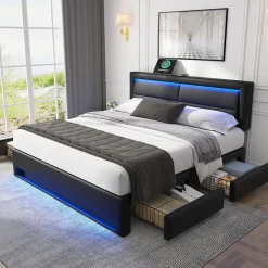 Okwish Lit Double 140x200 cm - Lit Capitonné PU avec Rangement et Ports USB - Éclairage LED Télécommandé - Noir - Sans Matelas* Lit Double