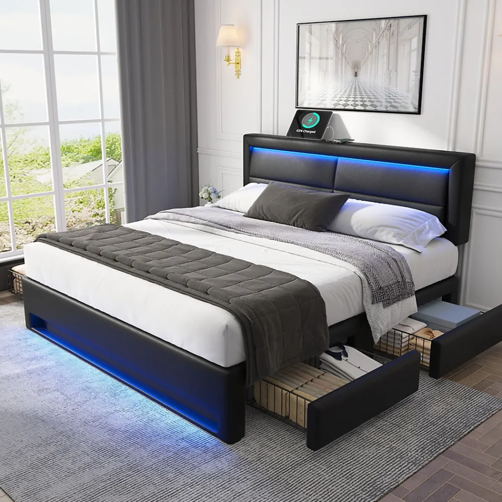 Okwish Lit Double 140x200 cm - Lit Capitonné PU avec Rangement et Ports USB - Éclairage LED Télécommandé - Noir - Sans Matelas* Lit Double