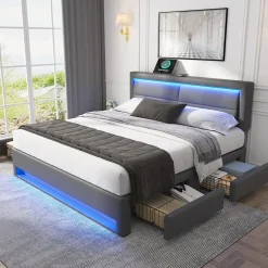 Lit Double 160x200 cm - Lit Capitonné PU avec Rangement et Ports USB - Éclairage LED Télécommandé - Gris - Sans Matelas>Okwish Clearance
