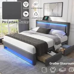 Lit Double 160x200 cm - Lit Capitonné PU avec Rangement et Ports USB - Éclairage LED Télécommandé - Gris - Sans Matelas><noscript><img width=