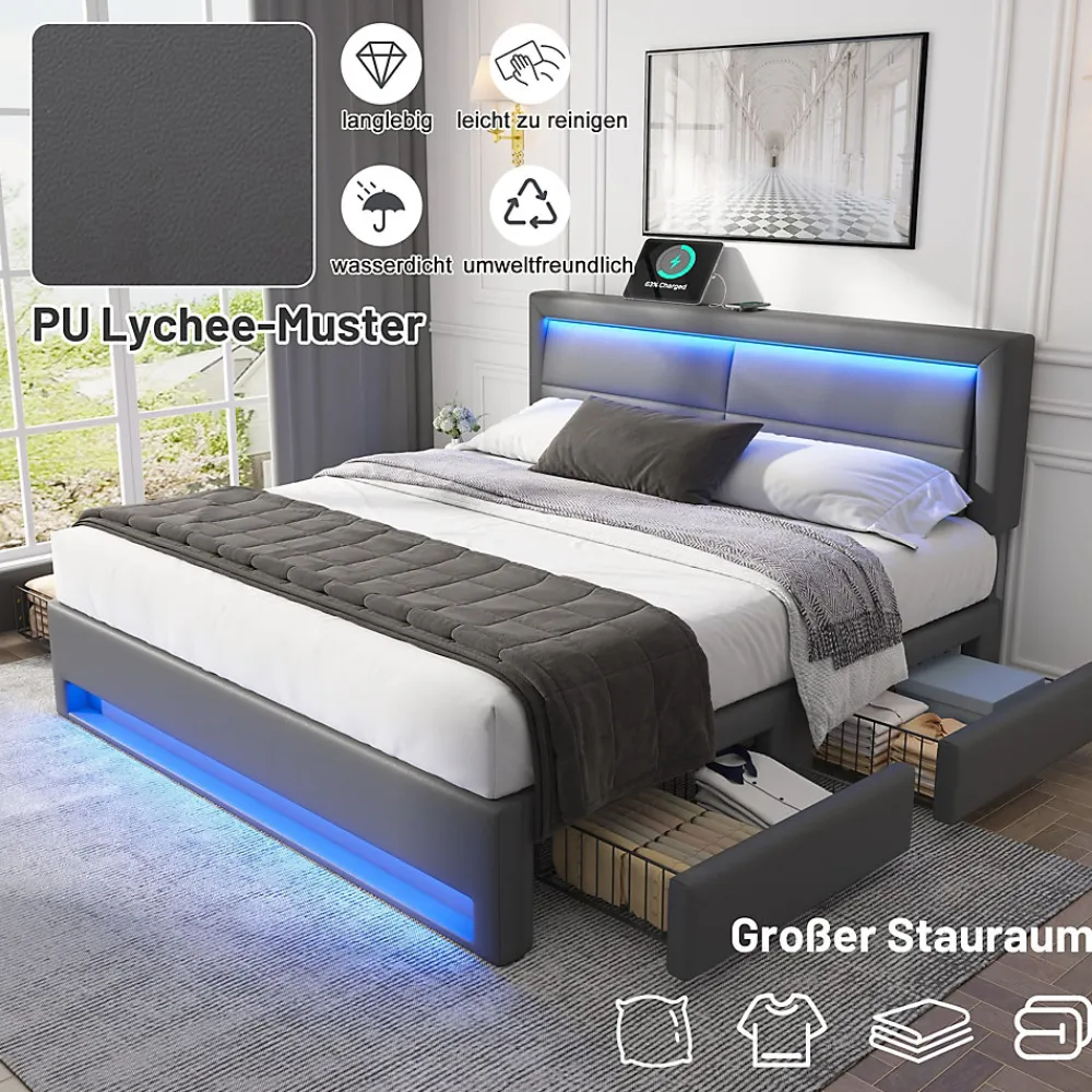Lit Double 160x200 cm - Lit Capitonné PU avec Rangement et Ports USB - Éclairage LED Télécommandé - Gris - Sans Matelas>Okwish Clearance
