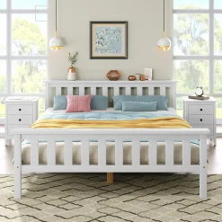 Lit double 140x200 cm - Lit classique avec sommier à lattes - Pin et MDF - Sans matelas - Blanc>Okwish Best