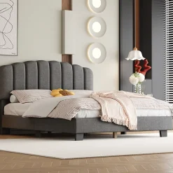 Okwish Lit Double 140x200 cm - Lit Classique avec Tête de Lit Réglable - Lin + MDF - Sans Matelas - Gris* Lit Double