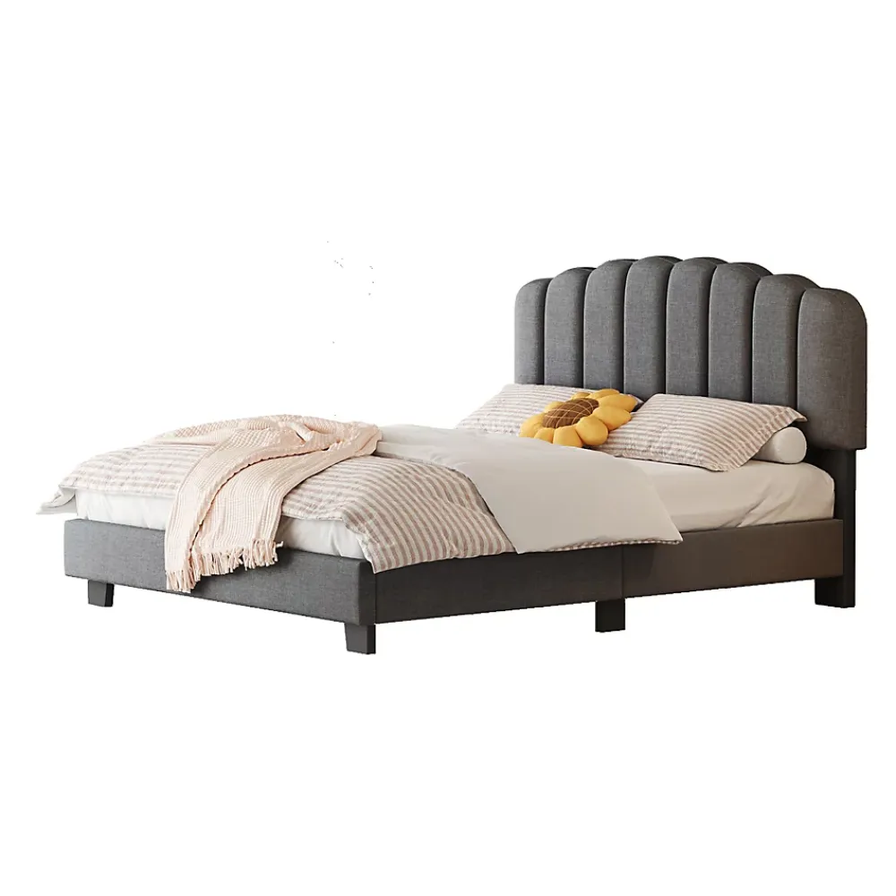 Okwish Lit Double 140x200 cm - Lit Classique avec Tête de Lit Réglable - Lin + MDF - Sans Matelas - Gris* Lit Double