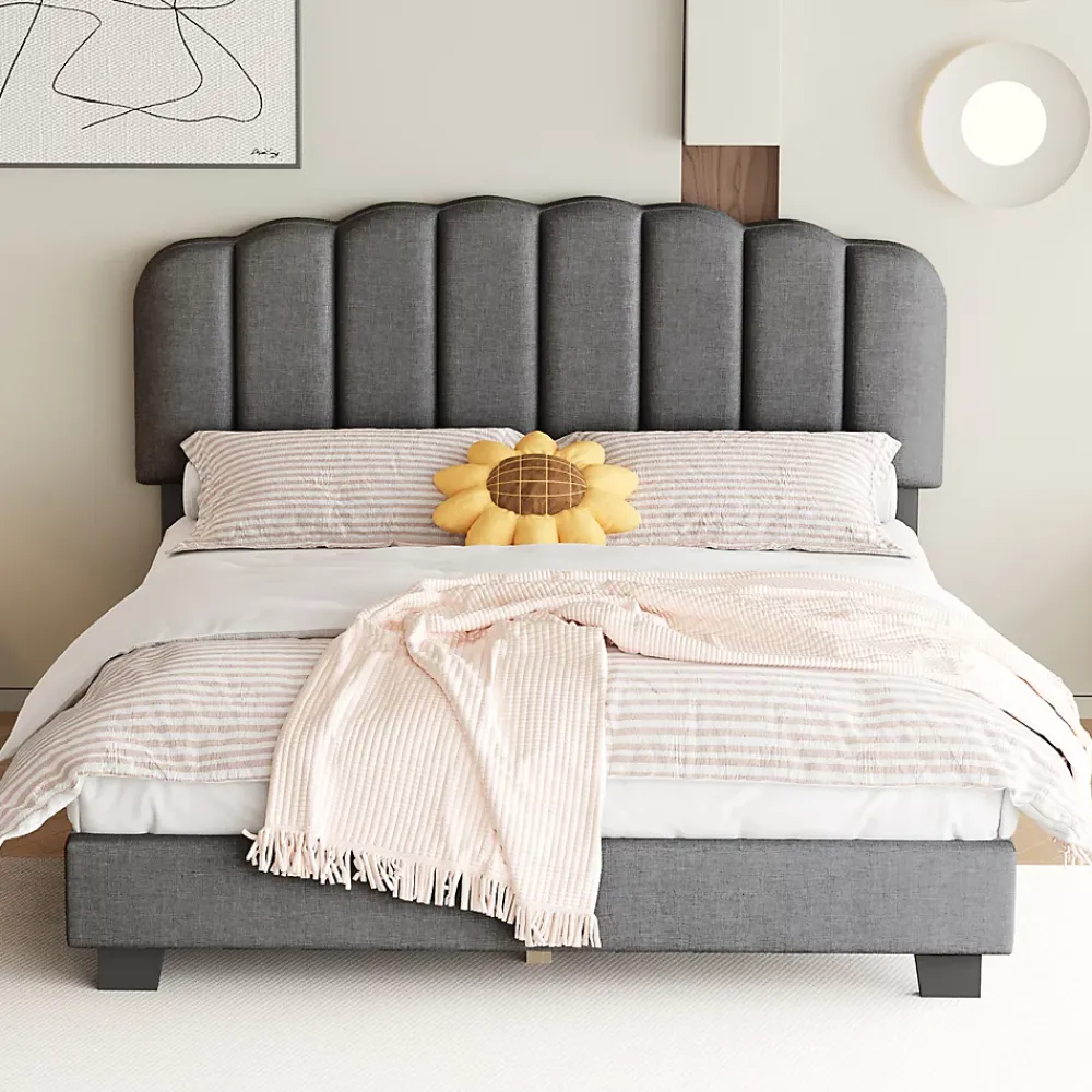 Okwish Lit Double 140x200 cm - Lit Classique avec Tête de Lit Réglable - Lin + MDF - Sans Matelas - Gris* Lit Double